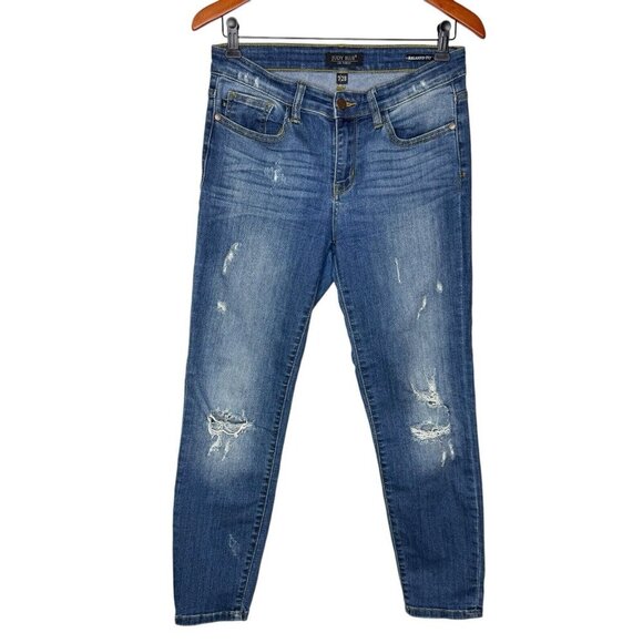 Judy Blue Womens 7 / 28 Relaxed Fit Straight Leg Distressed Jeans Dark Wash - Picture 1 of 4